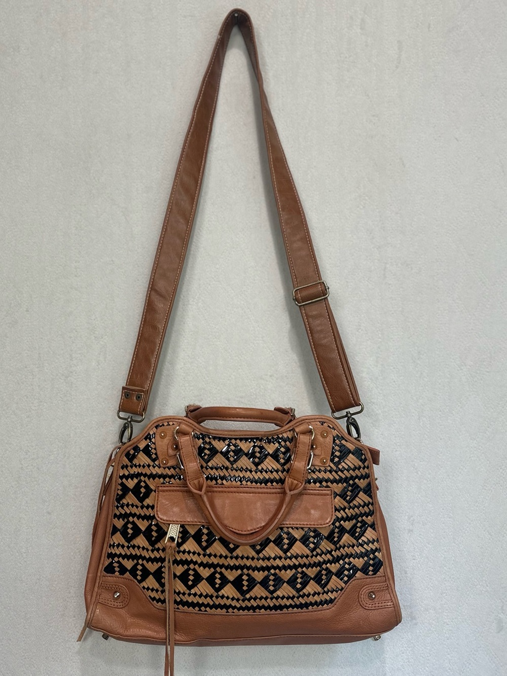 Rebecca Minkoff Boho Black Camel Woven Desire Bag Crossbody Satchel Handbag - Picture 5 of 15